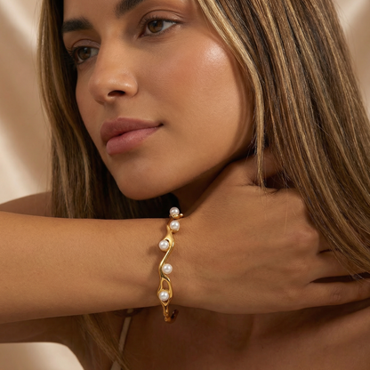 Luxury Organic Pearl Cuff Bracelet in Gold | Sculptural Open Bangle with Elegant Pearl Accents