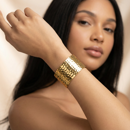 Gold Hammered Cuff Bracelet | Stainless Steel Wide Statement Bangle | Modern Women’s Fashion Jewellery