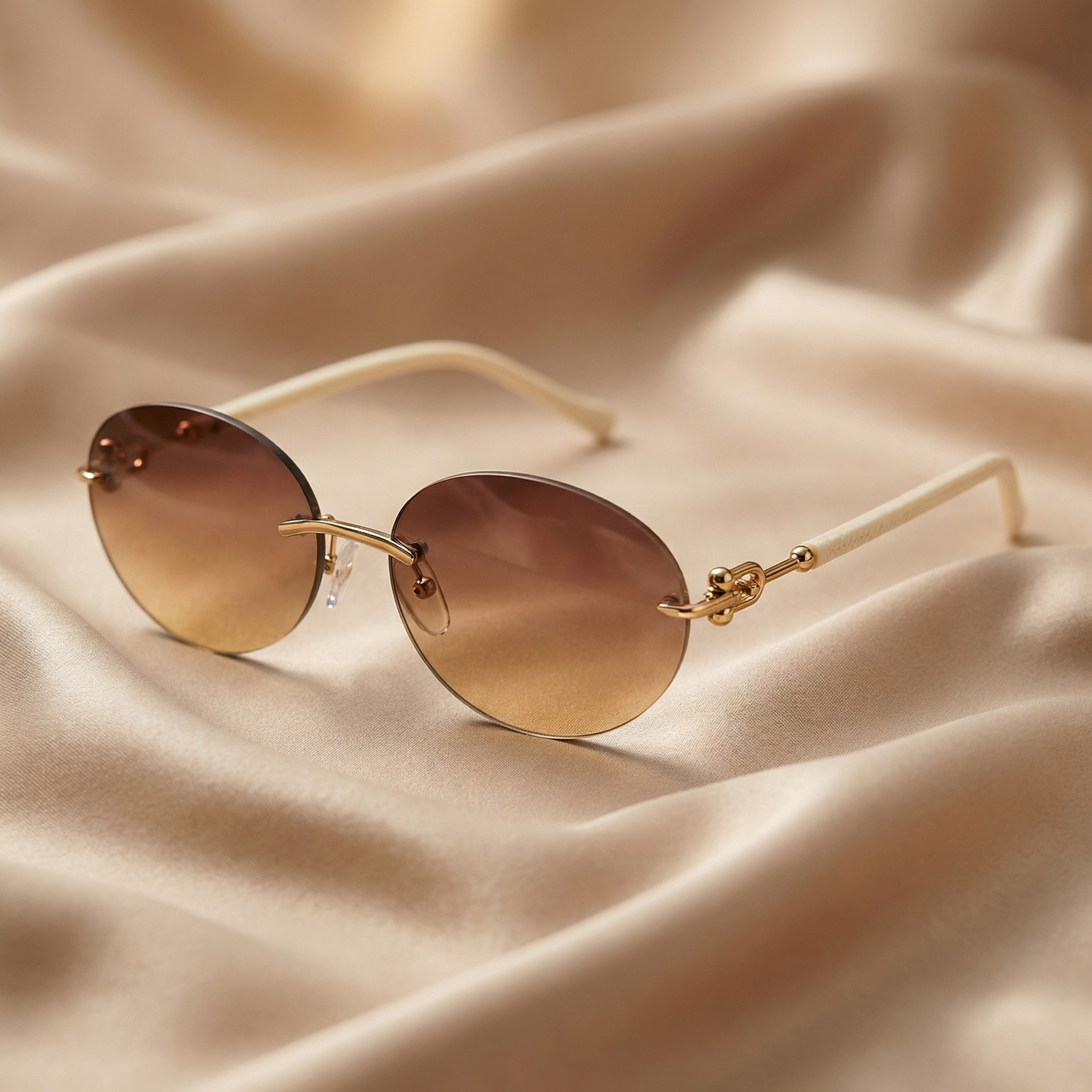 Elegant Oval Rimless Sunglasses in Gold with Brown, Tortoiseshell & Black Temples | Minimalist Metal Sunglasses for Women