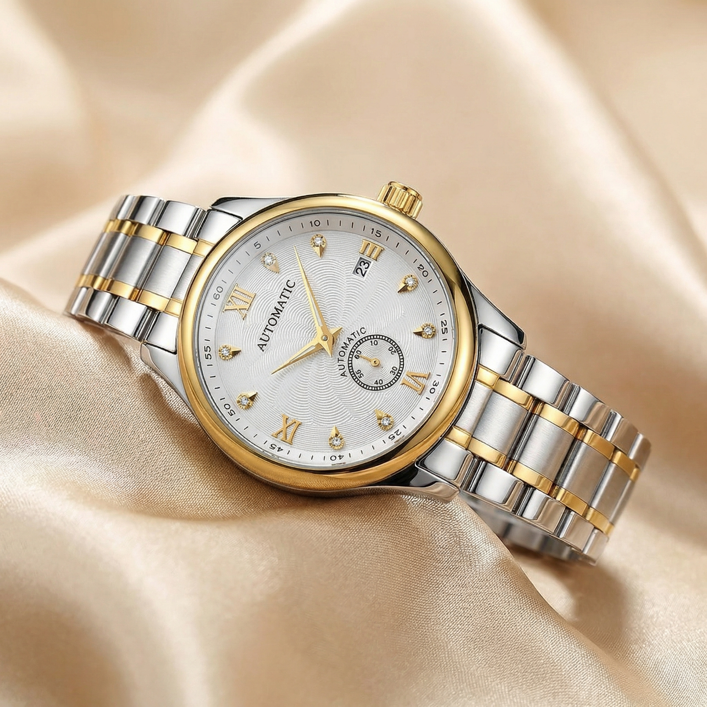 Luxury Two-Tone Automatic Roman Dial Watch with Date Display | Classic Gold & Silver Statement Timepiece in White, Champagne & Black