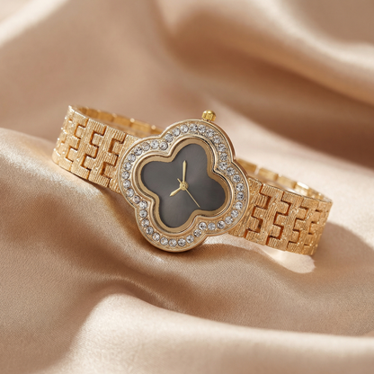 Luxury Crystal Clover Bracelet Watch in Gold | Elegant Stainless Steel Quartz Watch with Diamond-Style Bezel