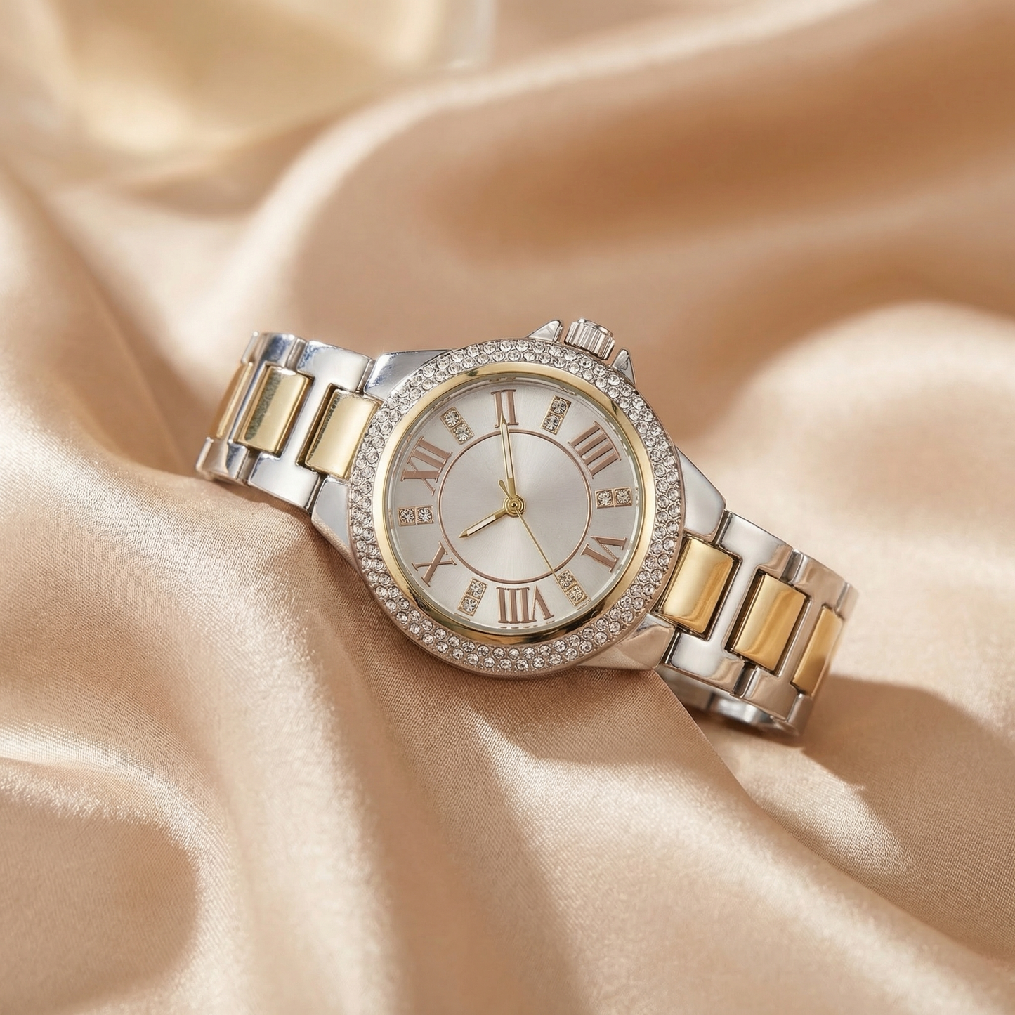 Luxury Crystal Roman Dial Bracelet Watch in Gold & Rose Gold | Elegant Diamond Bezel Women's Timepiece