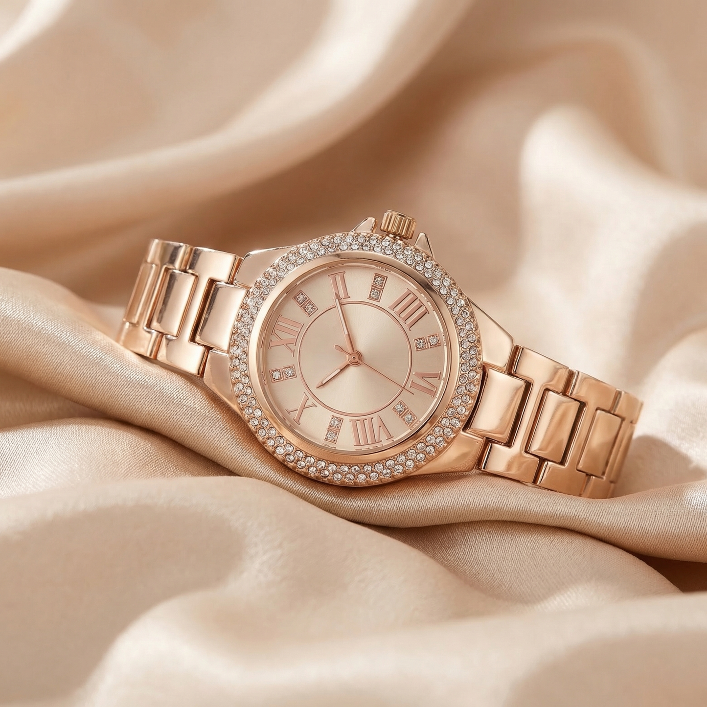 Luxury Roman Crystal Dial Watch in Gold, Silver & Rose Gold | Elegant Diamond Bezel Bracelet Watch