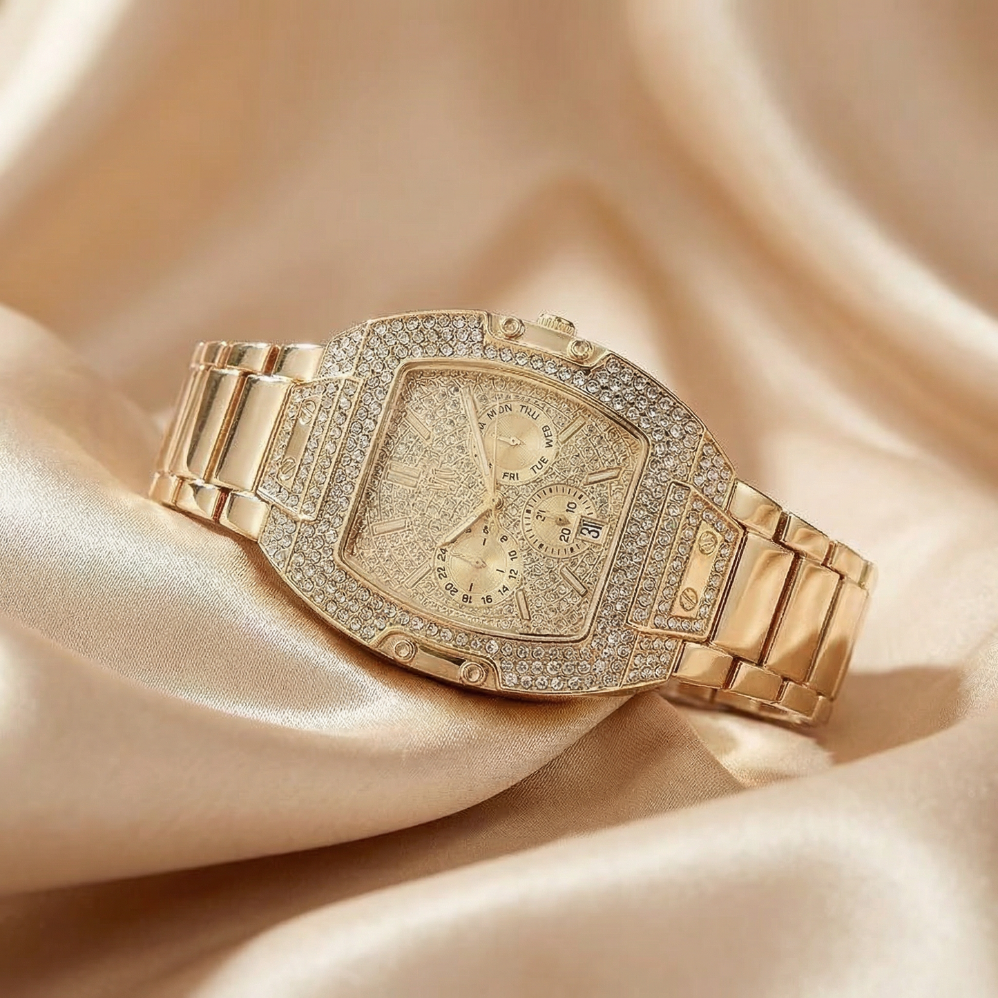 Luxury Diamond Tonneau Skeleton Watch in Gold & Silver | Full Crystal Iced Statement Timepiece