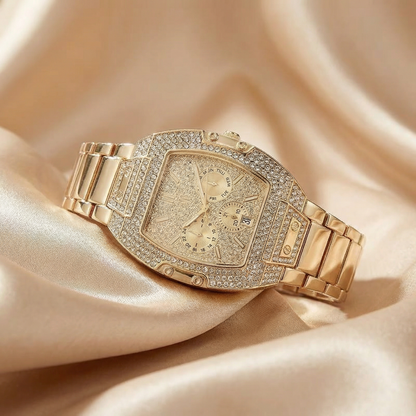Luxury Diamond Tonneau Skeleton Watch in Gold & Silver | Full Crystal Iced Statement Timepiece