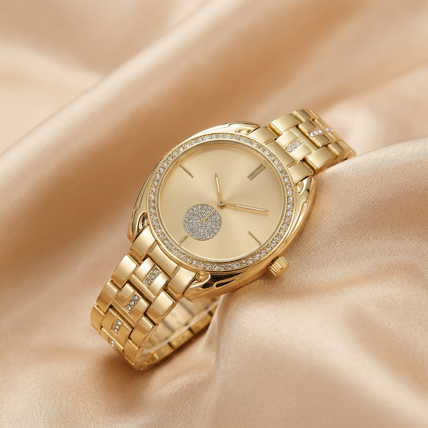 Crystal Dial Bracelet Watch with Polished Metal Link Band | Elegant Statement Timepiece