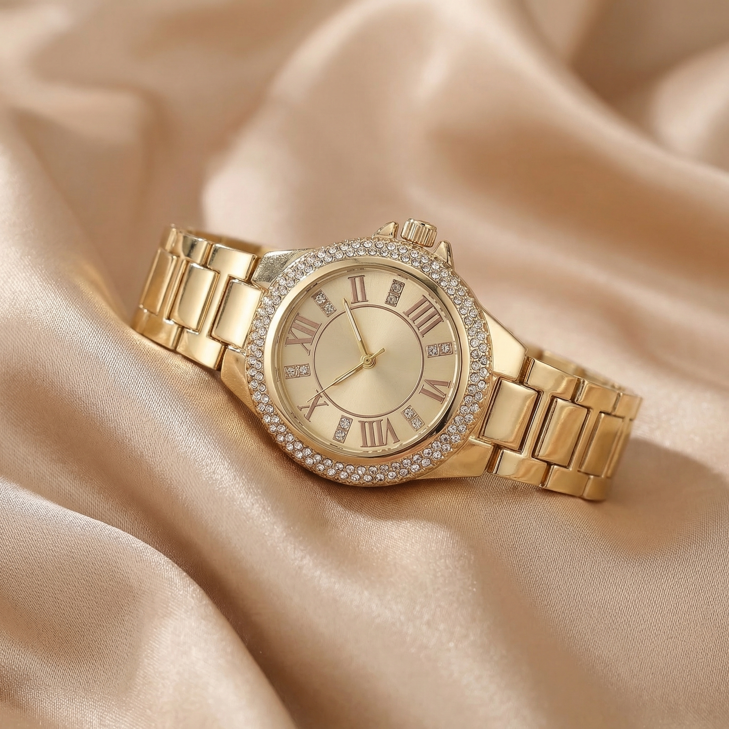 Luxury Roman Crystal Dial Watch in Gold, Silver & Rose Gold | Elegant Diamond Bezel Bracelet Watch