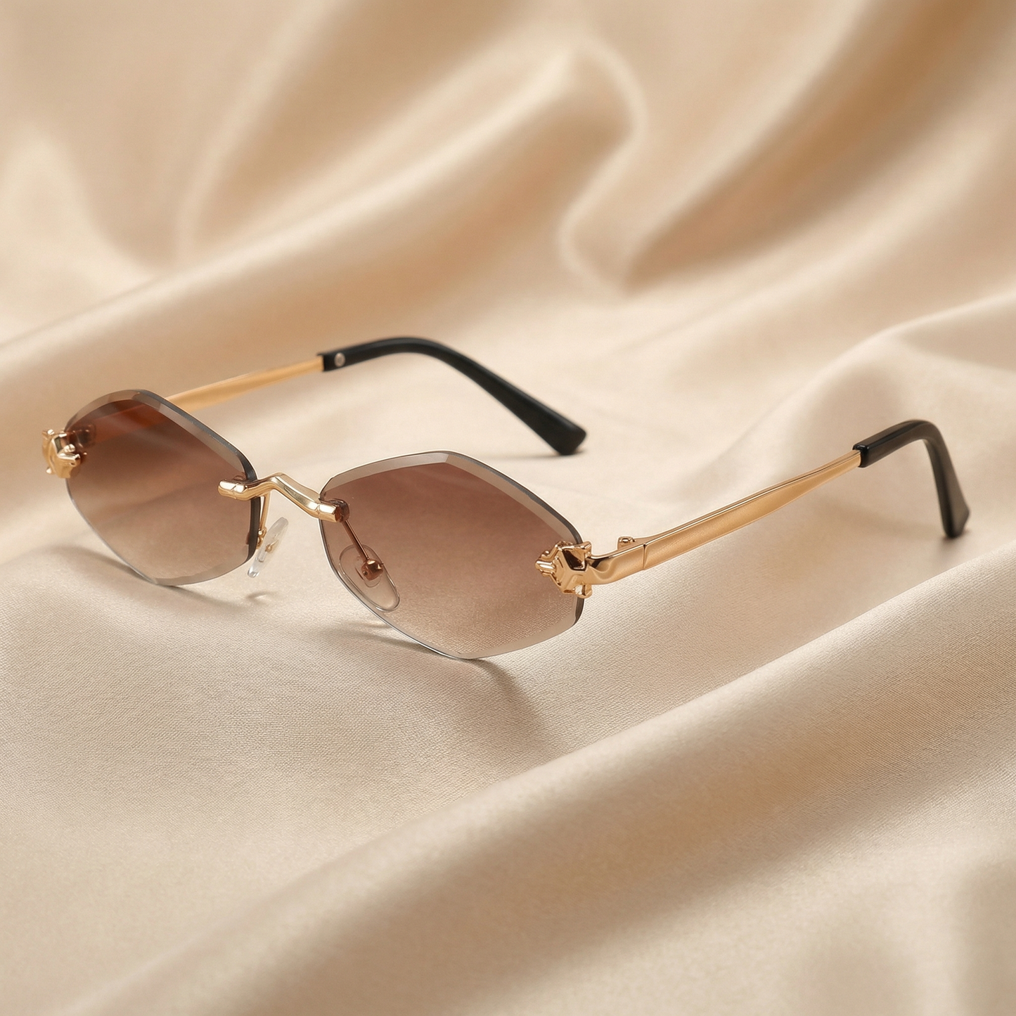 Luxury Rimless Hexagon Sunglasses in Gold with Gradient Lenses | Elegant Designer Metal Frame Sunglasses