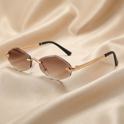 Luxury Rimless Hexagon Sunglasses in Gold with Gradient Lenses | Elegant Designer Metal Frame Sunglasses