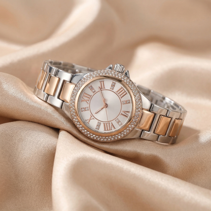 Luxury Crystal Roman Dial Bracelet Watch in Gold & Rose Gold | Elegant Diamond Bezel Women's Timepiece