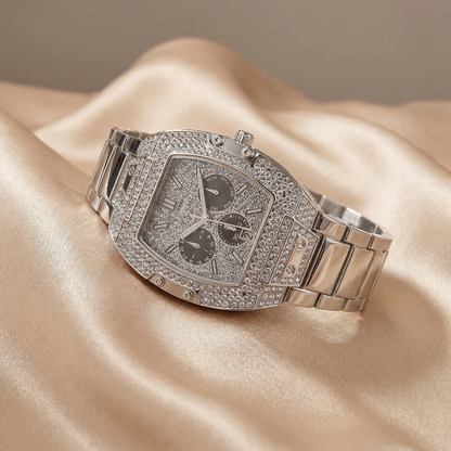 Luxury Diamond Tonneau Skeleton Watch in Gold & Silver | Full Crystal Iced Statement Timepiece