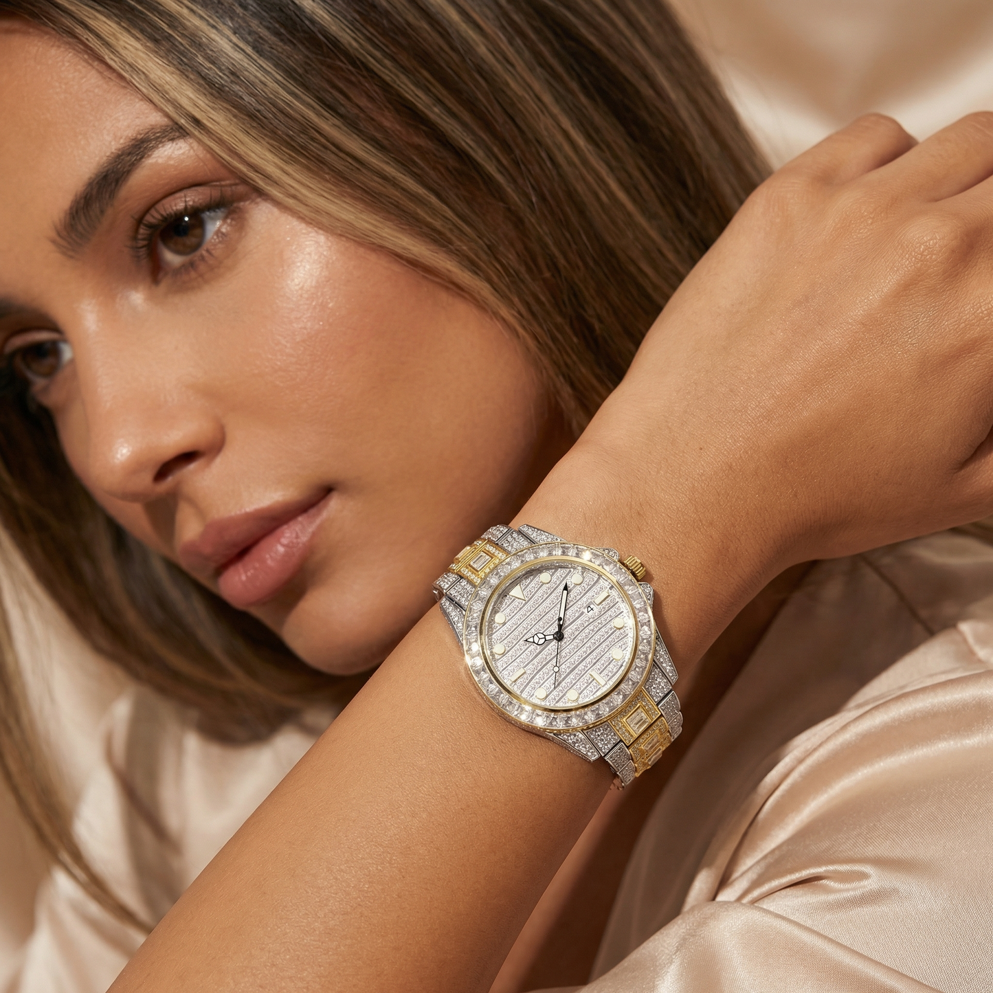 Luxury Iced Bracelet Women Watch in Gold Silver & Two Tone | Crystal Quartz Statement Watch for Spring & Summer Style