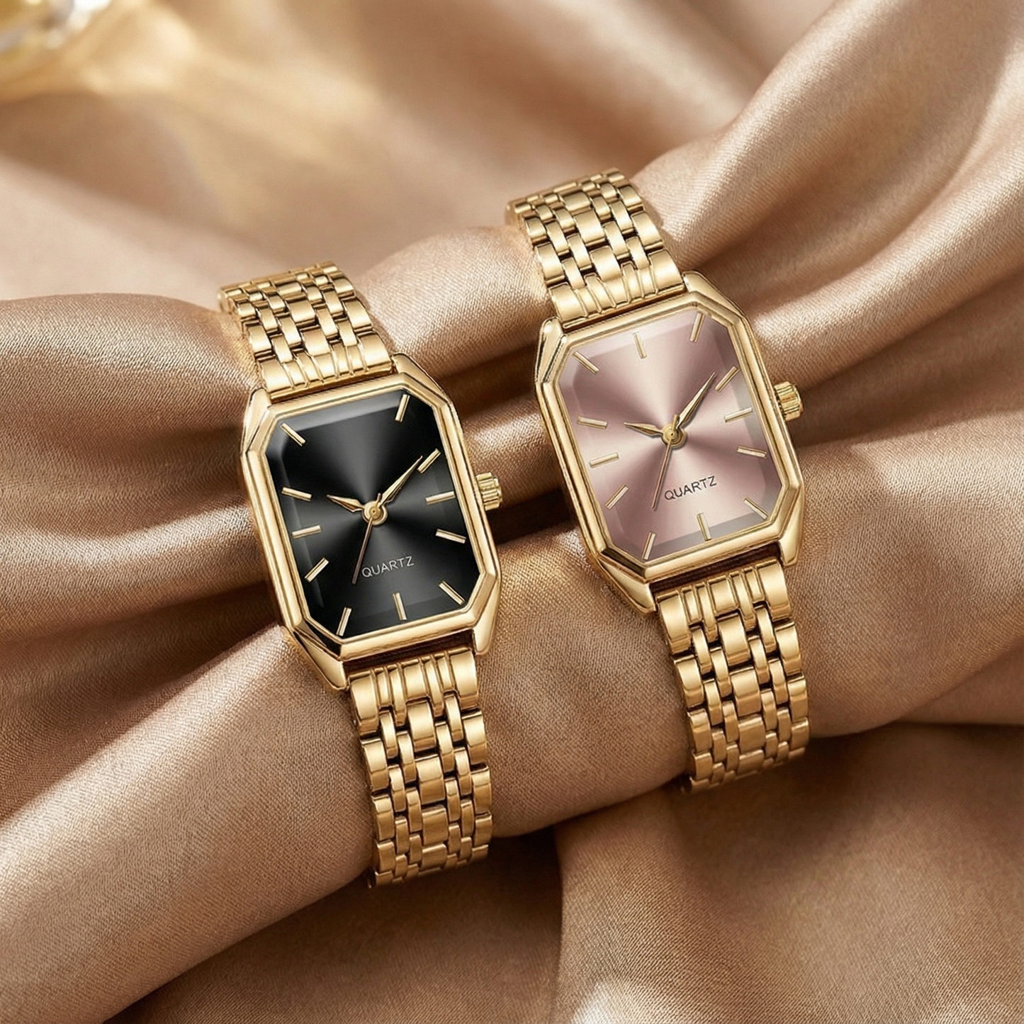 Gold Rectangular Women’s Watch | Stainless Steel Bracelet | Black Green Pink Dial Options | Elegant Modern Timepiece