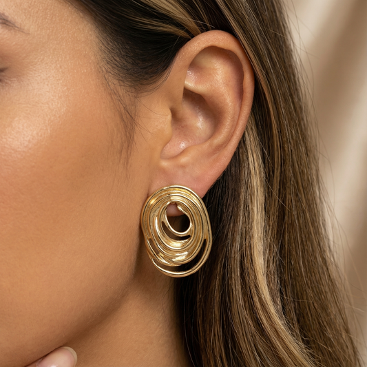 Gold Silver Sculpted Oval Earrings for Women | Modern Layered Design | Contemporary Fashion Jewelry
