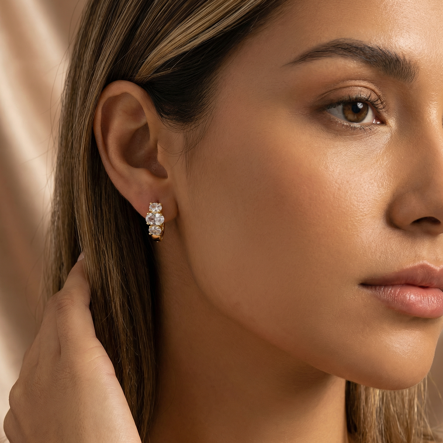 Elegant Crystal Trio Hoop Earrings in Gold | Minimal Sparkle Huggie Design