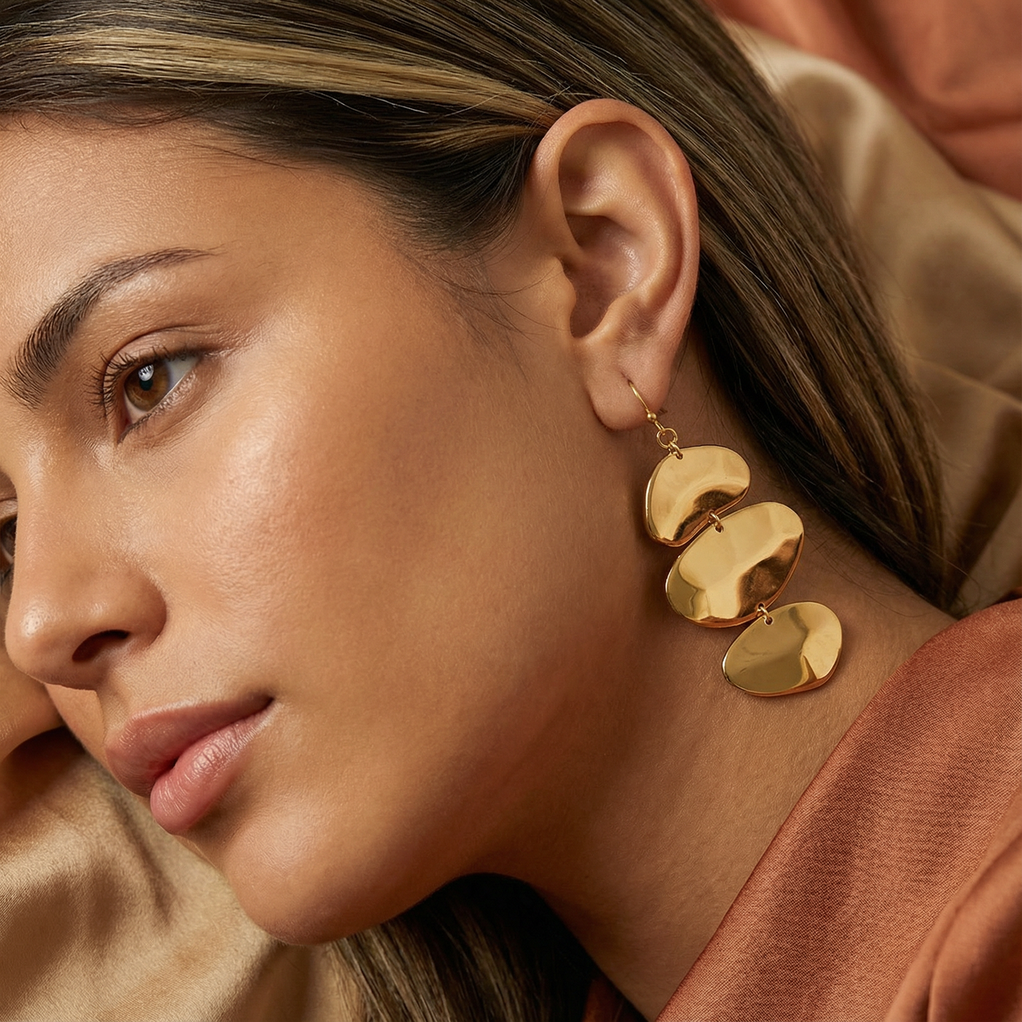 Gold Triple Disc Drop Earrings for Women | Gold Statement Earrings | Polished Layered Design