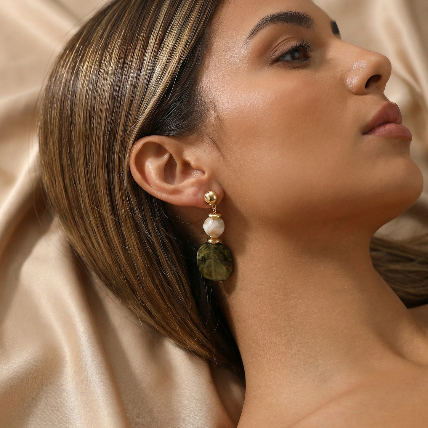 Gold Brown & Green Marble Drop Earrings for Women | Gold Tone Statement Earrings | Resin Bead Dangle Design