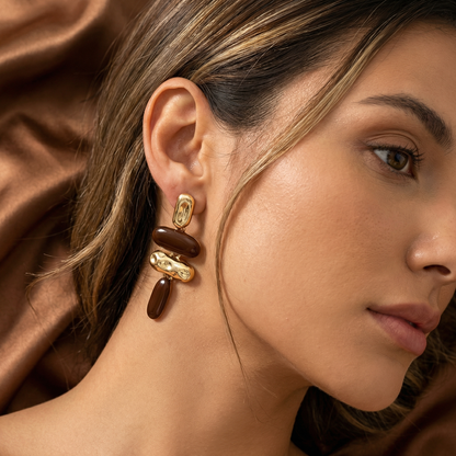 Brown & Bordeaux Red Gold Dangle Earrings for Women | Statement Drop Earrings | Textured Metal Design