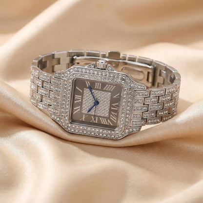 Luxury Iced Crystal Square Roman Dial Watch in Silver | Diamond Bezel Elegant Statement Bracelet Timepiece