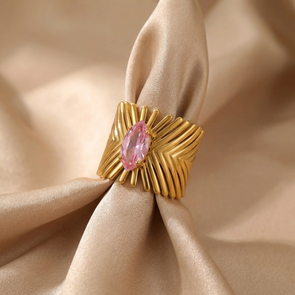 Luxury Sculpted Statement Ring with Pink Crystal | Bold Gold Textured Cocktail Ring
