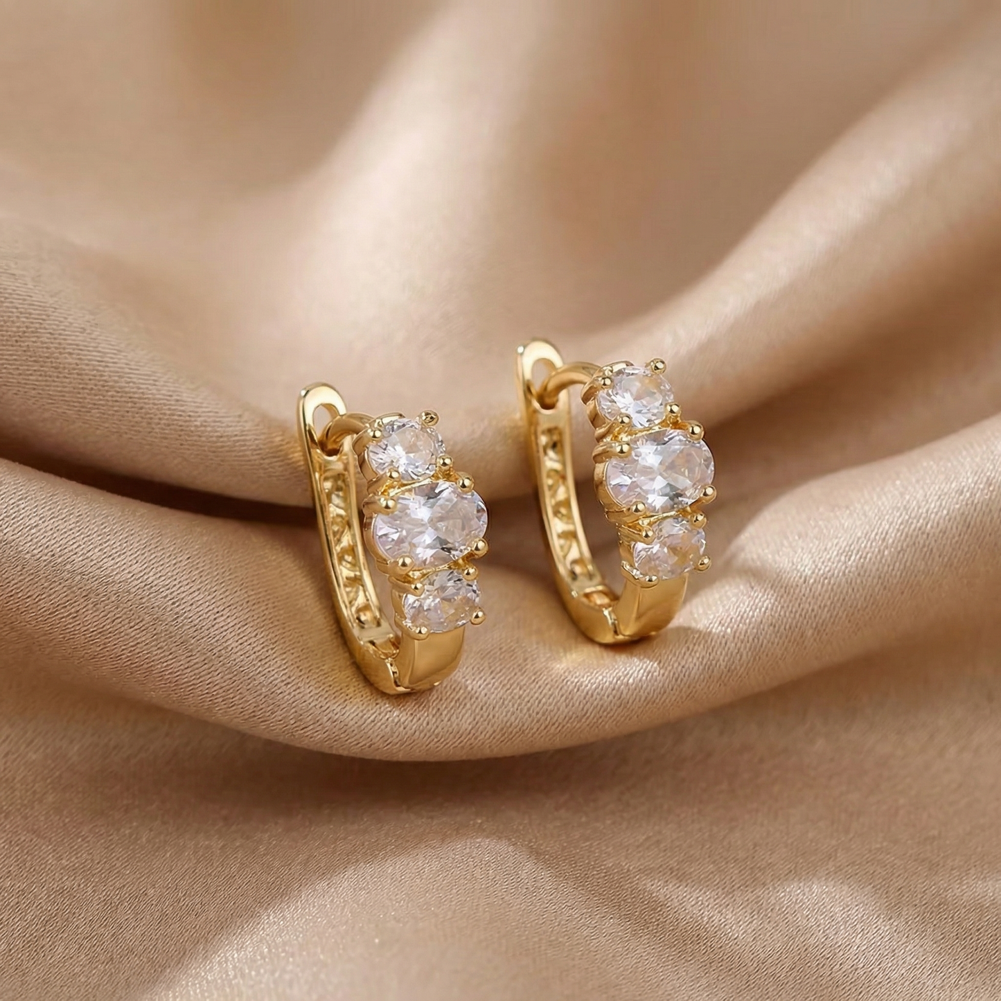 Elegant Crystal Trio Hoop Earrings in Gold | Minimal Sparkle Huggie Design