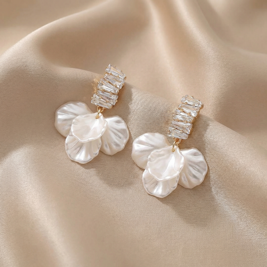 Floral Pearl Drop Earrings with Crystal Baguette Detail | Elegant Gold Statement Jewelry