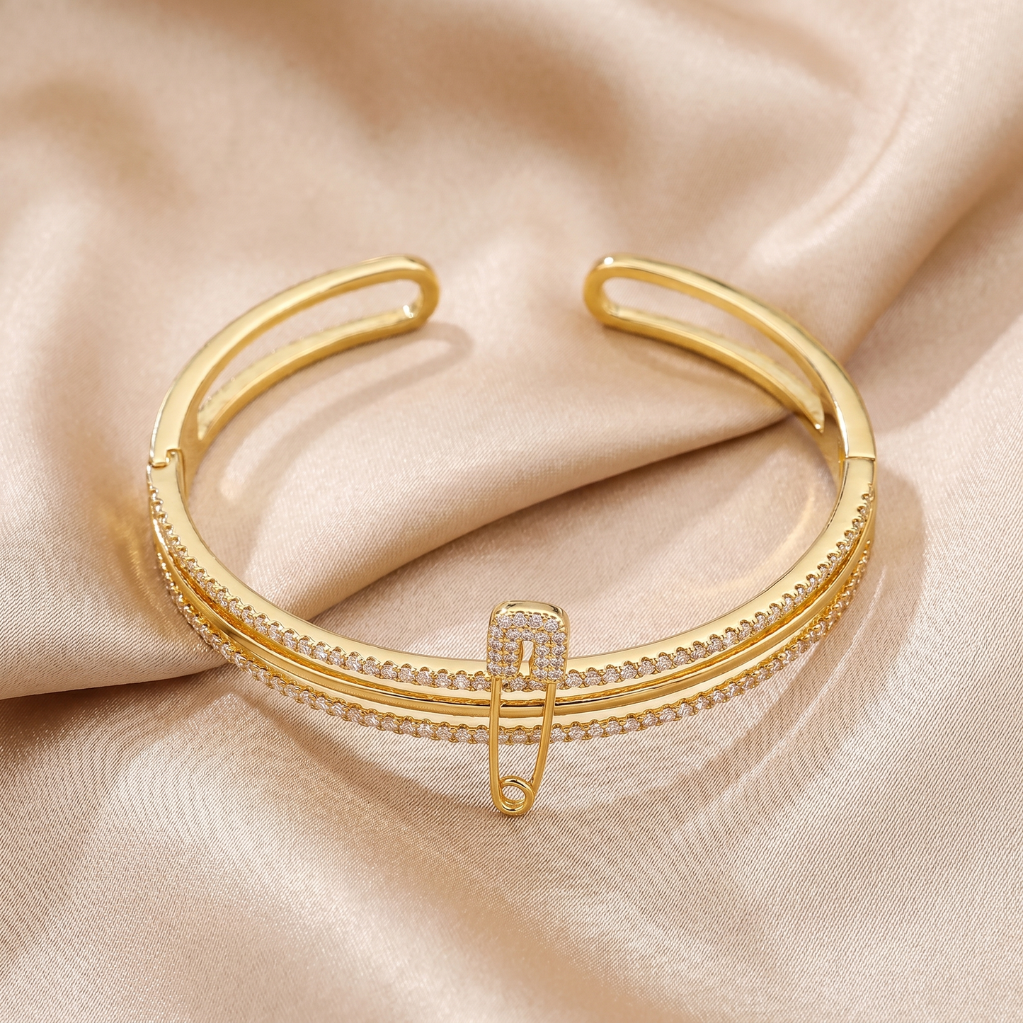 Luxury Crystal Safety Pin Cuff Bracelet in Gold | Elegant Pavé Statement Bangle with Open Design