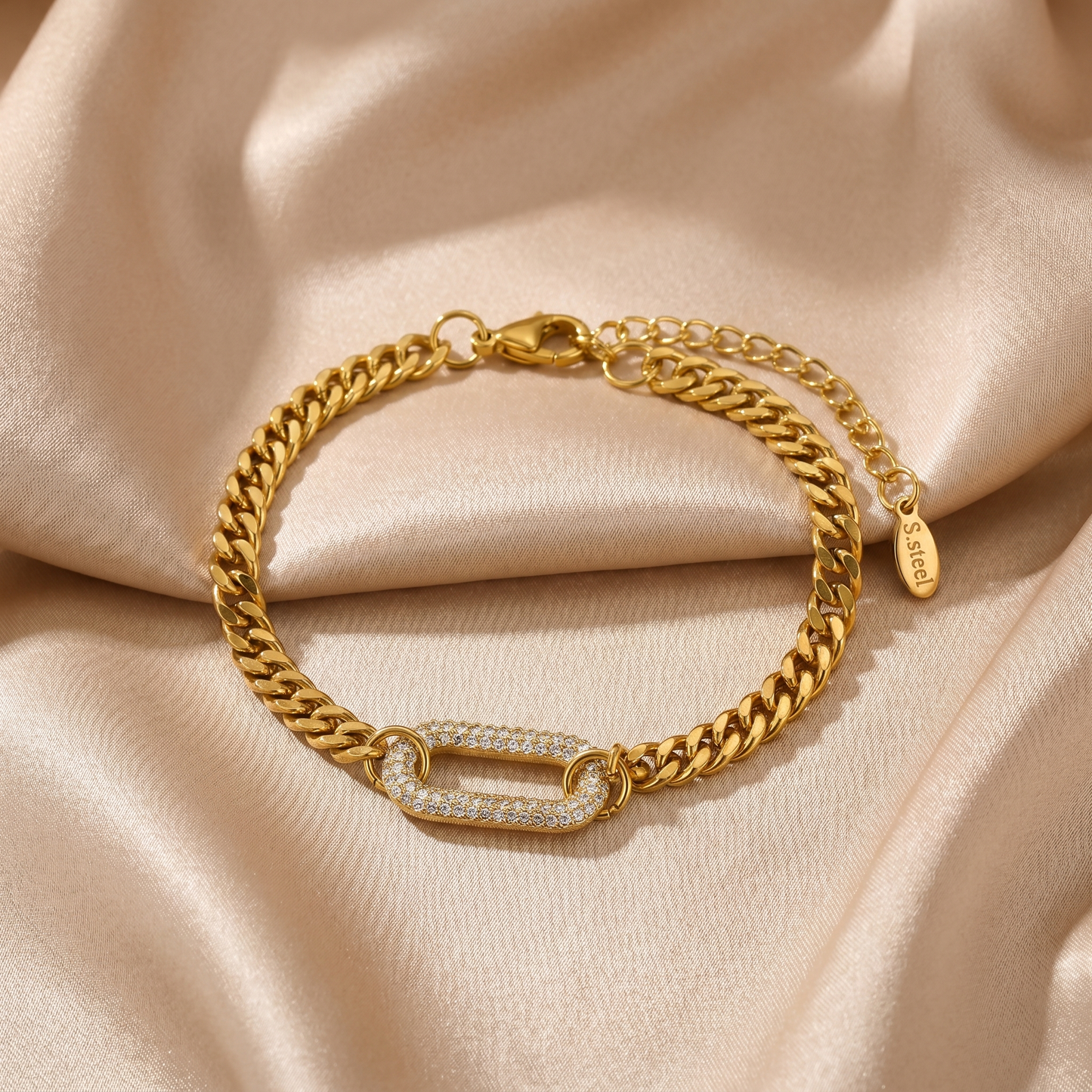 Bold Cuban Chain Bracelet with Crystal Link in Gold | Statement Luxury Design