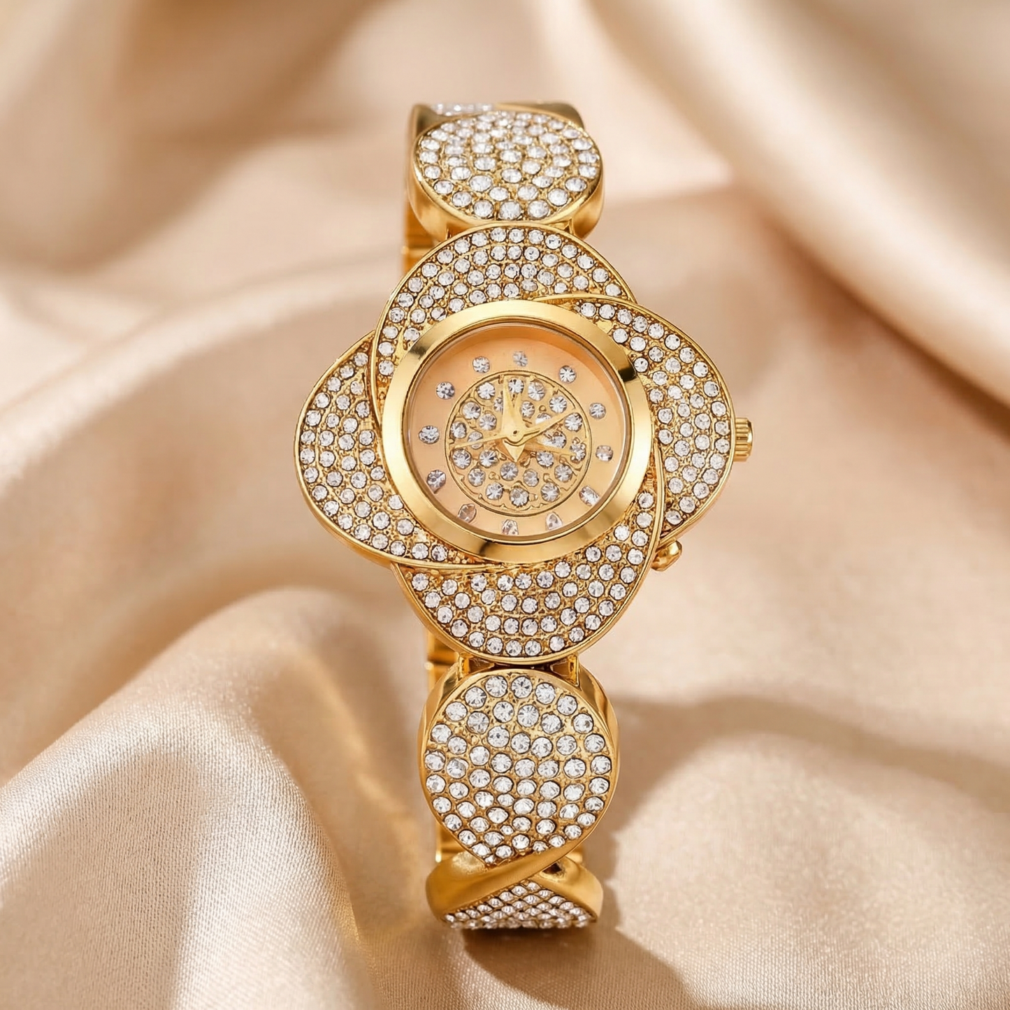 Luxury Crystal Clover Bracelet Watch in Gold, Silver & Rose Gold | Elegant Floral Diamond Statement Timepiece