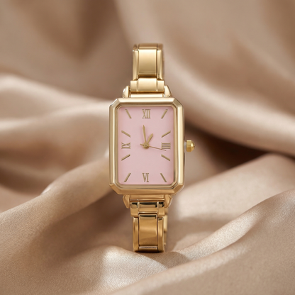 Gold Pink Blue Rectangular Stainless Steel Watch for Women | Elegant Roman Dial Timepiece | Minimal Everyday Watch