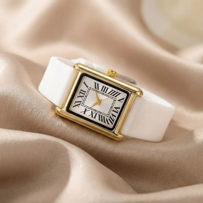 Rectangular Gold Case Watch with Silicone Strap | Roman Numeral Dial Quartz Watch | Minimal Elegant Everyday Timepiece