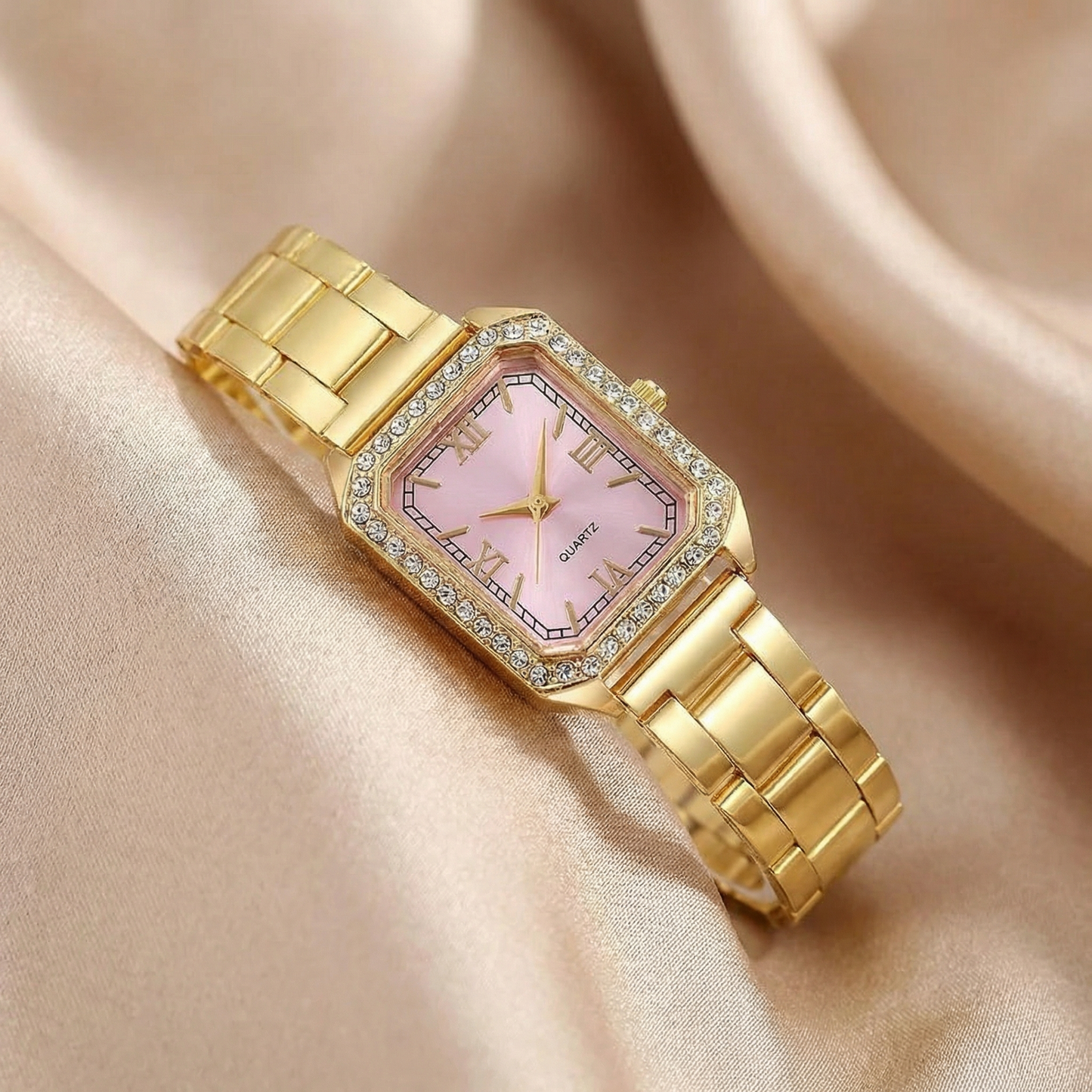 Gold Square Bracelet Watch for Women | Gold Stainless Steel Watch | Blue Green Pink White Black Dial Options | Crystal Bezel Timepiece