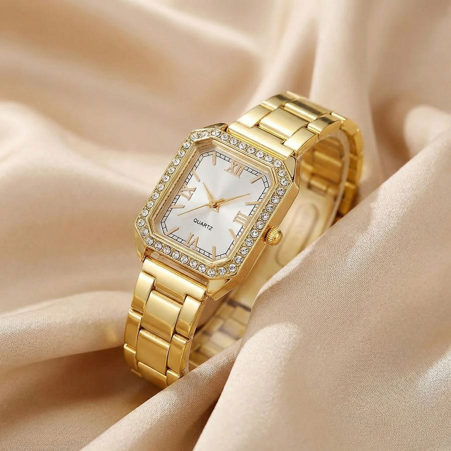 Gold Square Bracelet Watch for Women | Gold Stainless Steel Watch | Blue Green Pink White Black Dial Options | Crystal Bezel Timepiece