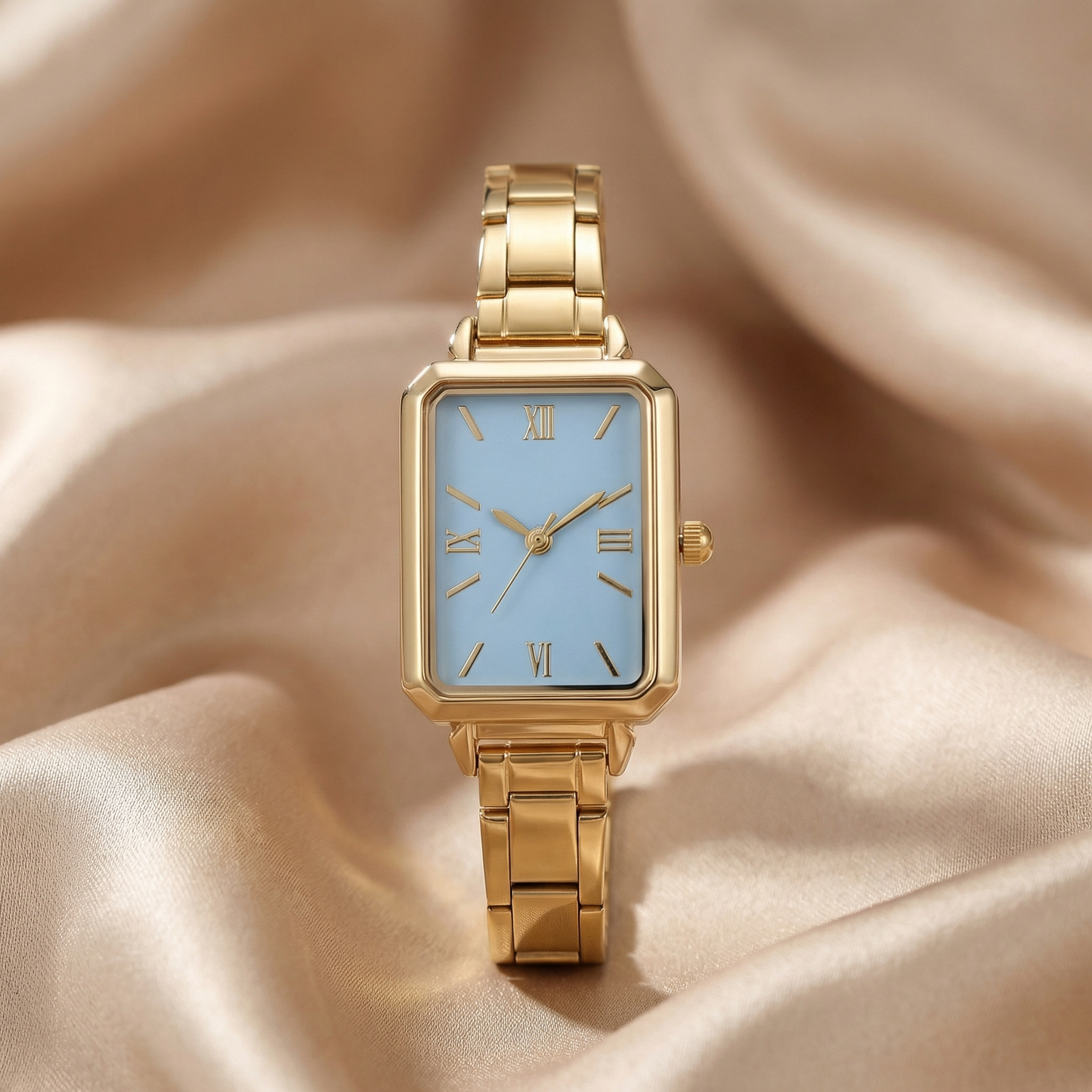 Gold Pink Blue Rectangular Stainless Steel Watch for Women | Elegant Roman Dial Timepiece | Minimal Everyday Watch