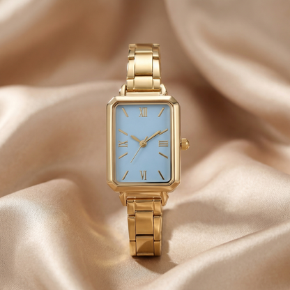 Gold Pink Blue Rectangular Stainless Steel Watch for Women | Elegant Roman Dial Timepiece | Minimal Everyday Watch