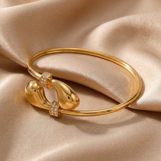 Gold Sculptural Open Bangle Bracelet | Stainless Steel Crystal Cuff | Elegant Luxury Jewelry