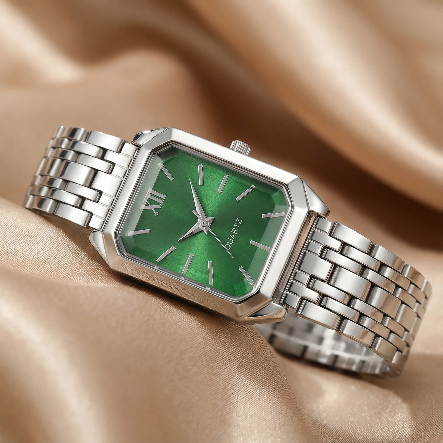 Silver Square Watch for Women | Stainless Steel Bracelet Watch | Pink Green Silver Black Dial Options | Modern Fashion Timepiece