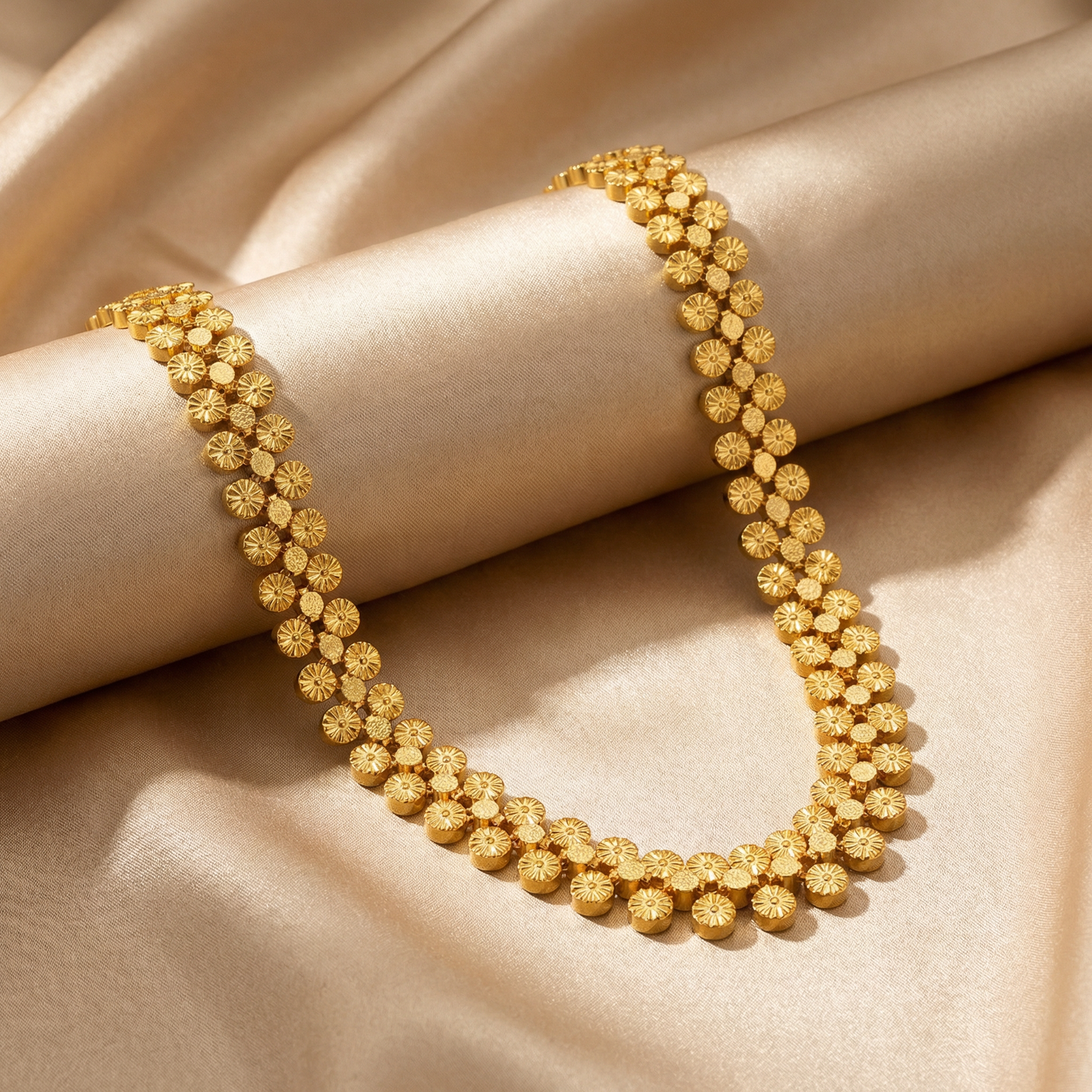Floral Disc Necklace in Gold & Silver | Elegant Textured Design