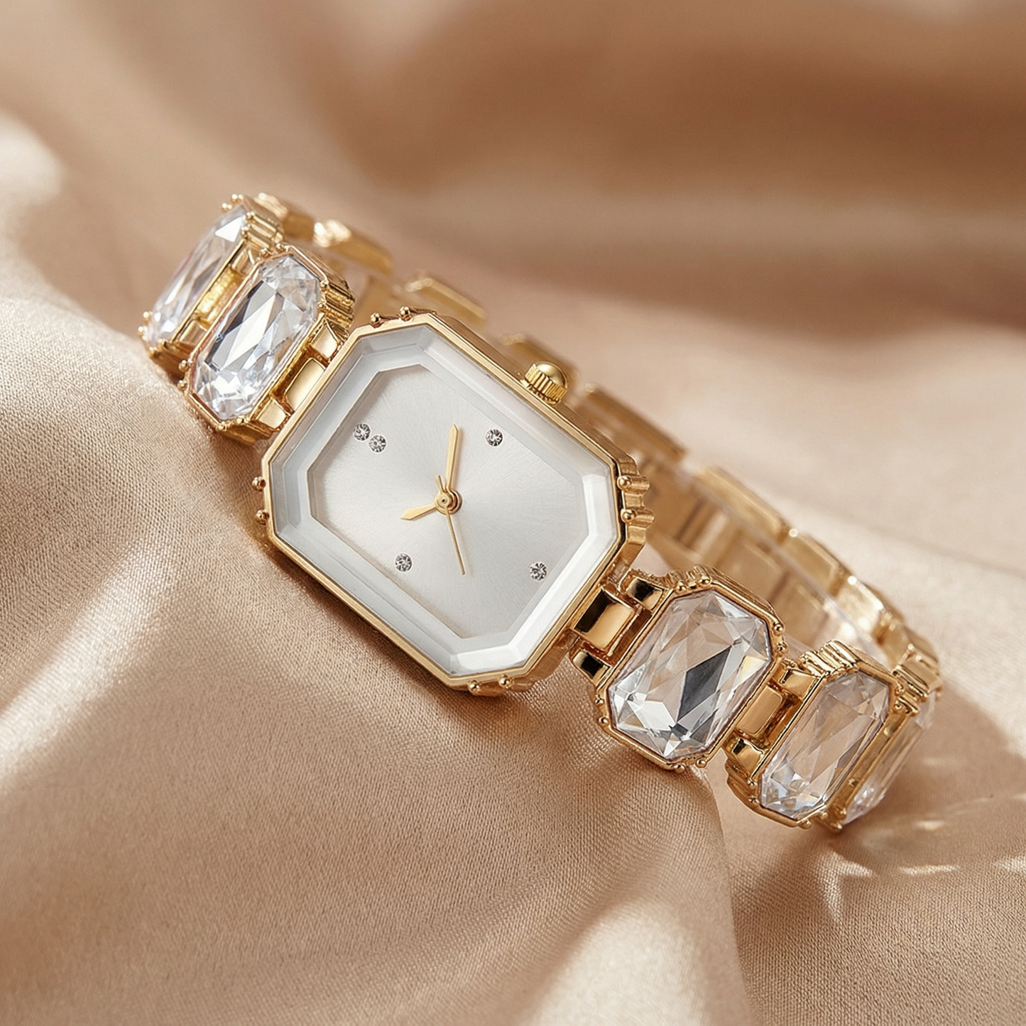 Gold Rectangular Crystal Bracelet Watch for Women | Gold Stainless Steel Watch | White & Black Dial Options | Crystal Link Timepiece