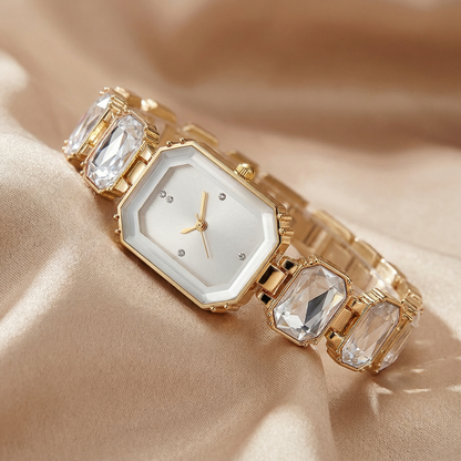 Gold Rectangular Crystal Bracelet Watch for Women | Gold Stainless Steel Watch | White & Black Dial Options | Crystal Link Timepiece