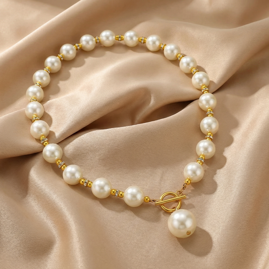 Classic Pearl Necklace with Gold Toggle Clasp | Polished Pearl Beaded Necklace with Gold Accents | Elegant Luxury Statement Jewelry