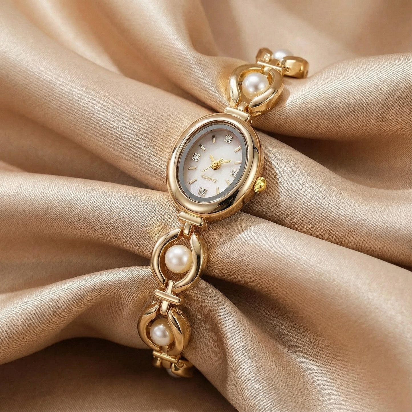 Polished Pearl Bracelet Watch | Gold & Silver Finish | Elegant Jewellery-Inspired Timepiece | Women’s Timeless Accessories