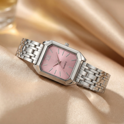 Silver Square Watch for Women | Stainless Steel Bracelet Watch | Pink Green Silver Black Dial Options | Modern Fashion Timepiece