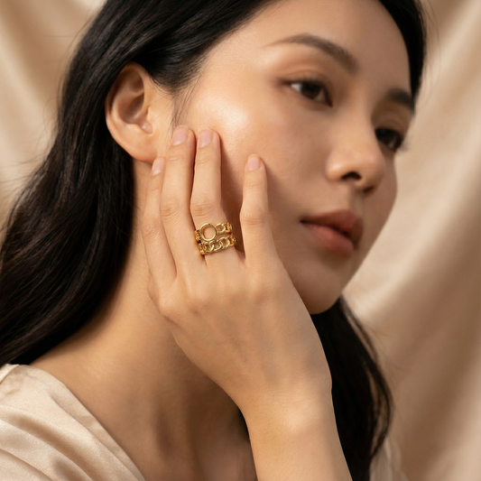 Gold Adjustable Chain Ring | Stainless Steel Open Band | Women’s Linked Design Ring | One Size Fits All
