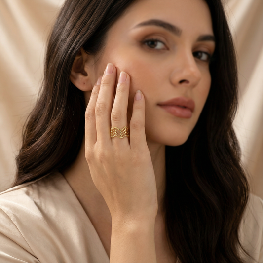 Gold Adjustable Chevron Ring | Stainless Steel Open Band | Women’s Geometric Fashion Ring | One Size Fits All