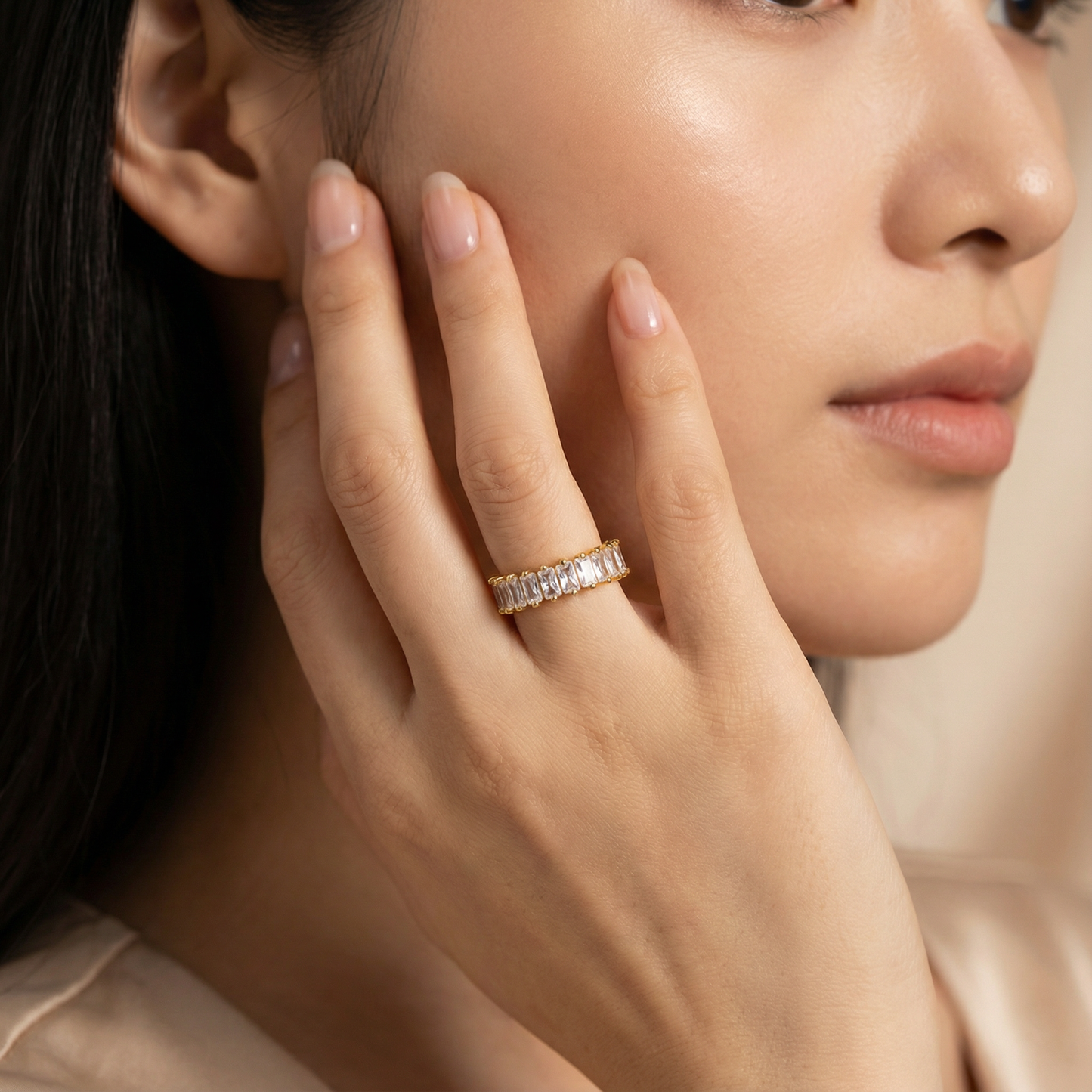 Gold Adjustable Baguette Ring | Stainless Steel Open Band | Women’s Sparkling Fashion Ring | One Size Fits All