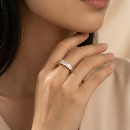 Gold Adjustable Baguette Ring | Stainless Steel Open Band | Women’s Sparkling Fashion Ring | One Size Fits All