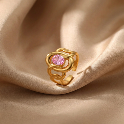Elegant Sculpted Loop Ring with Pink Crystal | Modern Gold Open Design Statement Ring