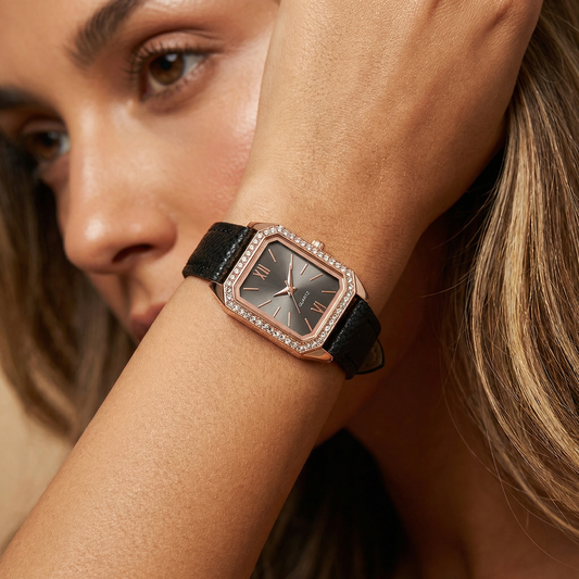 Rose Gold Rectangular Crystal Watch for Women | Rose Gold Case | White Pink Black Strap Options | Crystal Bezel Timepiece