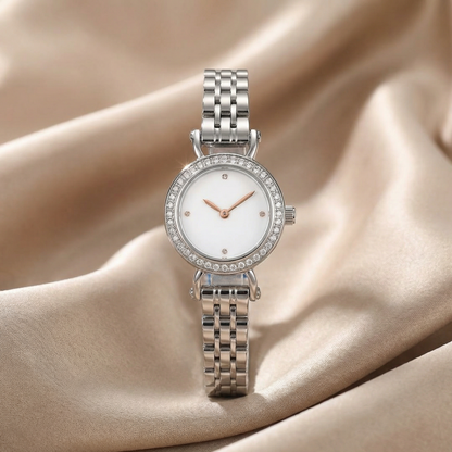 Luxury Crystal Bezel Petite Bracelet Watch with Sunburst Dial | Elegant Women’s Timepiece in Midnight Blue, White & Pink